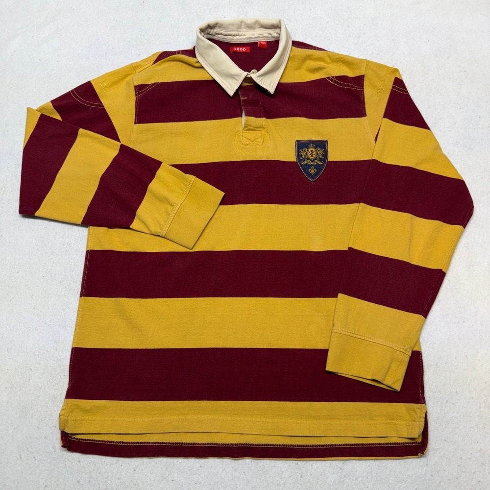Izod Rugby Shirt Mens XL Burgundy Yellow Striped Long Sleeve Vintage Y2K Boxy